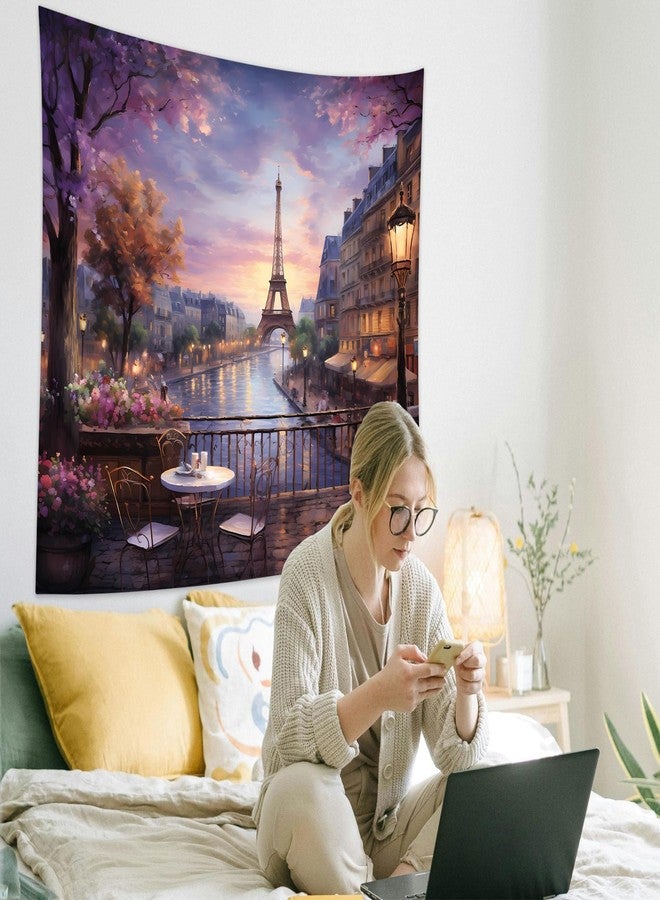QGHOT Vintage Paris Tapestry Wall Hanging Eiffel Tower Backdrop French Themed Cityscape Tapestry Cafe Decor Romantic City Wall Art for Bedroom Paris Theme Party Decorations 90.6"x70.9" - Image 3